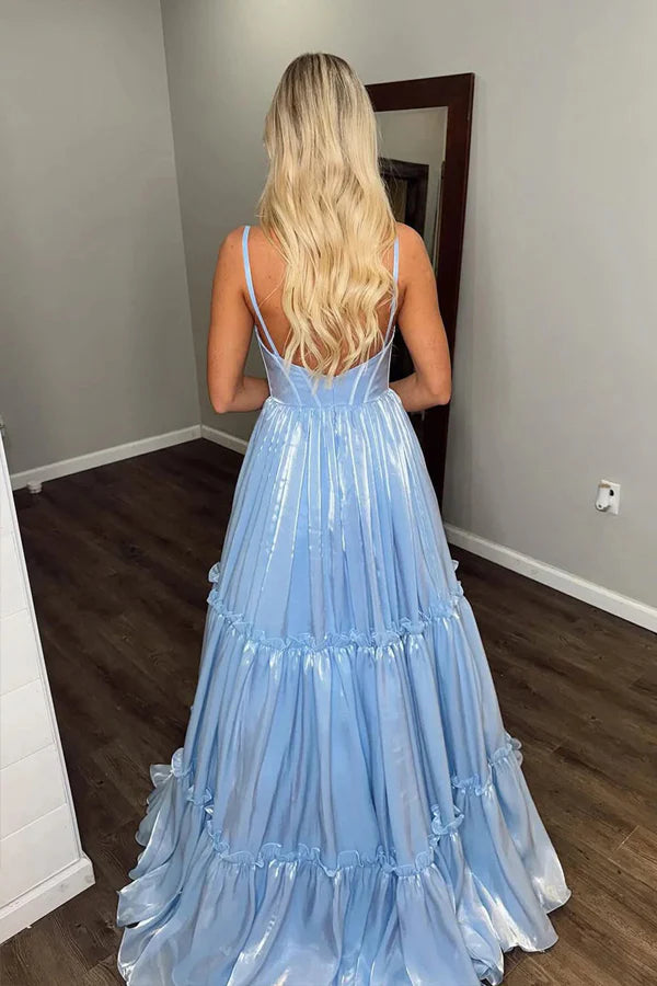Robe Weitese scintillante, coupe trapèze, col en V, paillettes, bleu clair, longue, robe de bal